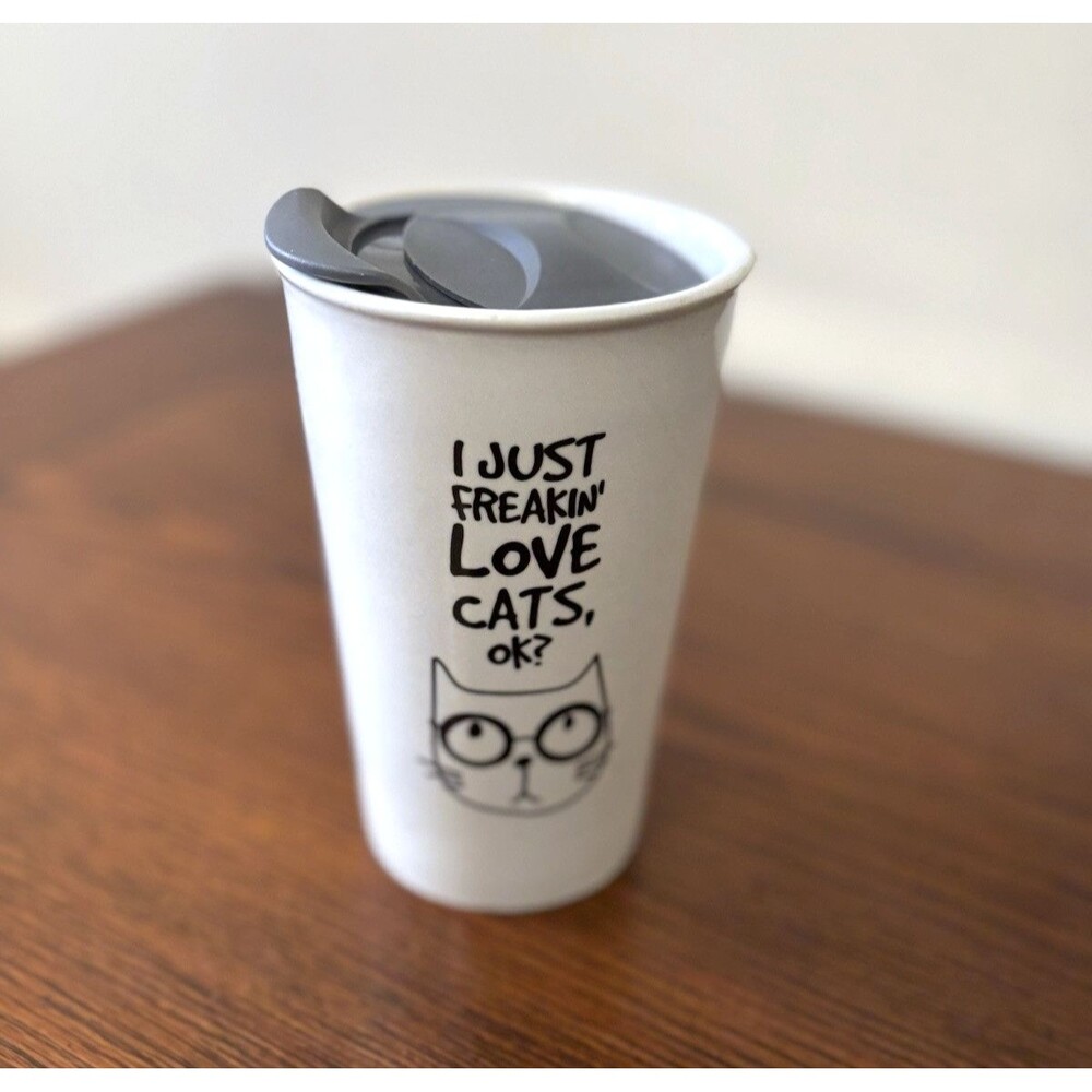 Comfify Ceramic Mug Cup w/ Lid White & Cat 'I Just Freaking Love Cats, OK?' 12oz